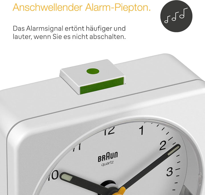 Braun Klassischer analoger Wecker mit Schlummerfunktion und Licht, ruhiges Quarzuhrwerk, Crescendo-A