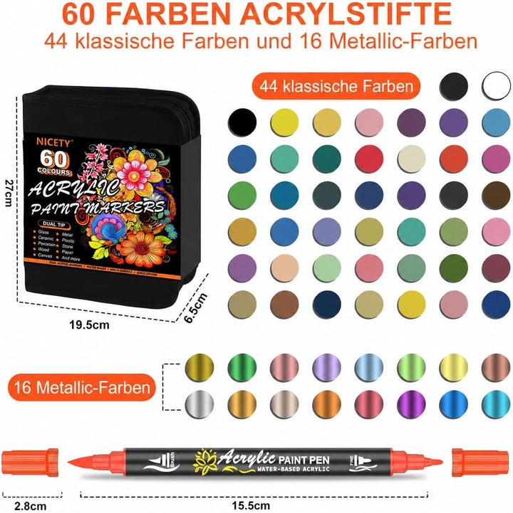NICETY 60PCS Acrylstifte für Steine Wasserfest - Dual Tip Acrylmarker Multimarker für Steine Bemalen