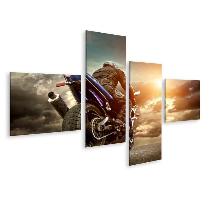 islandburner Bild auf Leinwand Mann Sitzt Auf Dem Motorrad Auf Asphalt Unter Himmel Mit Wolken Bilde