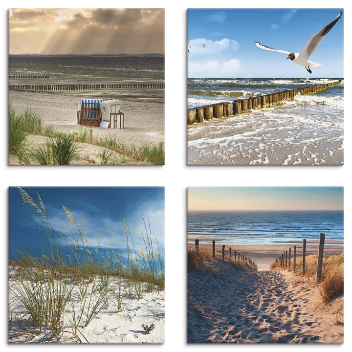 ARTLAND Leinwandbilder auf Holz Wandbild Bild Set 4 teilig je 30x30 cm Quadratisch Landschaft Strand