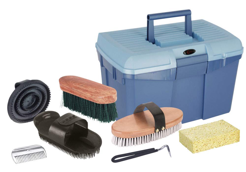 Kerbl Putzbox blau mit Inhalt (für Pferde, Pferdebürsten, Mähnenbürsten, Putzkiste mit Bürsten, Pfer