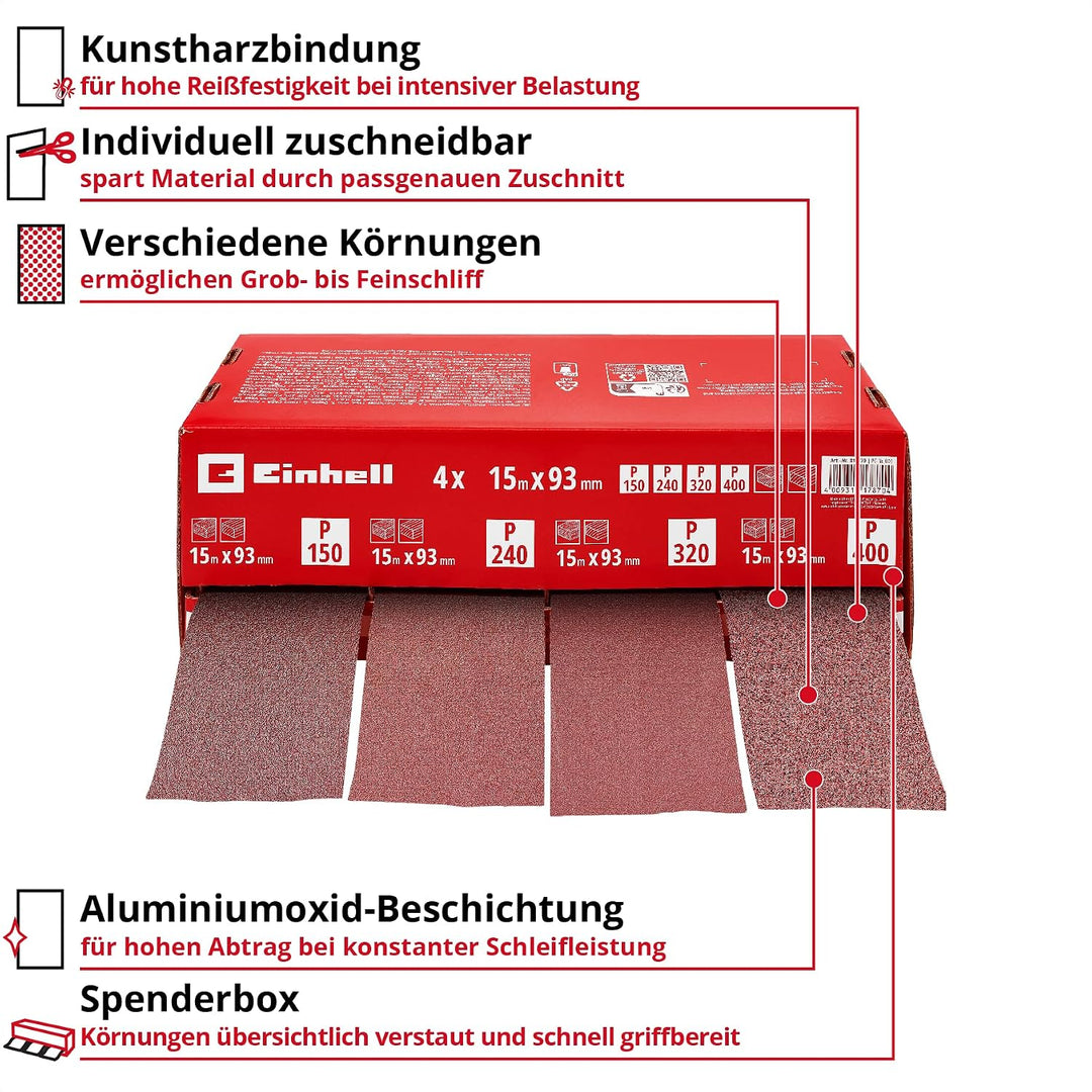 Einhell Schleifpapierrollen-Spender, 93 mm x 15 m | 4 Rollen | Körnung 150 / 240 / 320 / 400 | Alumi