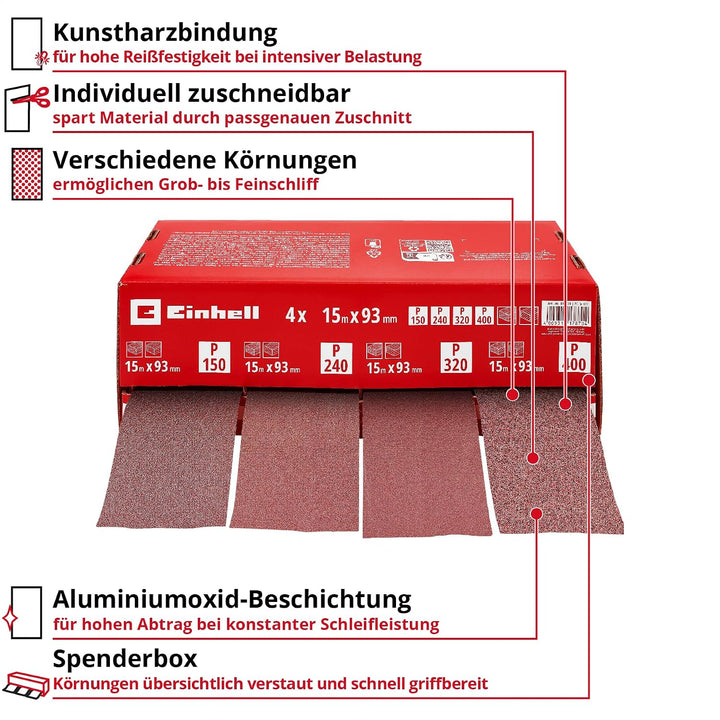 Einhell Schleifpapierrollen-Spender, 93 mm x 15 m | 4 Rollen | Körnung 150 / 240 / 320 / 400 | Alumi