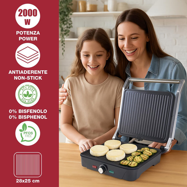 BEPER P101TOS503 GRAND GRILL 3-in-1 Multifunktions-Elektrogrill – Steakpfanne, Panini-Grillplatte un