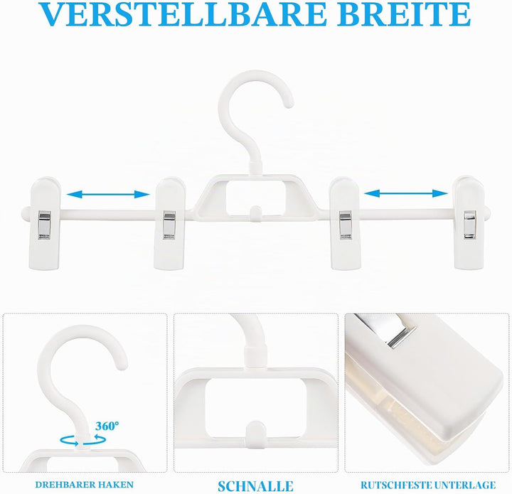 Hosenbügel Hosenspanner 10 Stück Kleiderbügel Kunststoff 34 cm, rutschfeste und Verstellbare Klammer