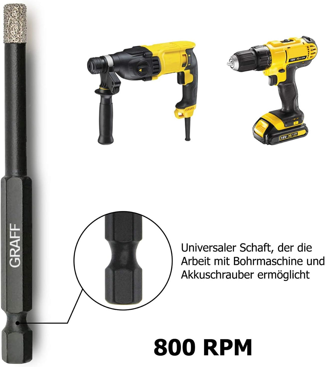 GRAFF Diamantbohrer Fliesenbohrer Set 6 I 8 I 10 mm für Fliesen Glas Кeramik Granit Stein - Feinstei