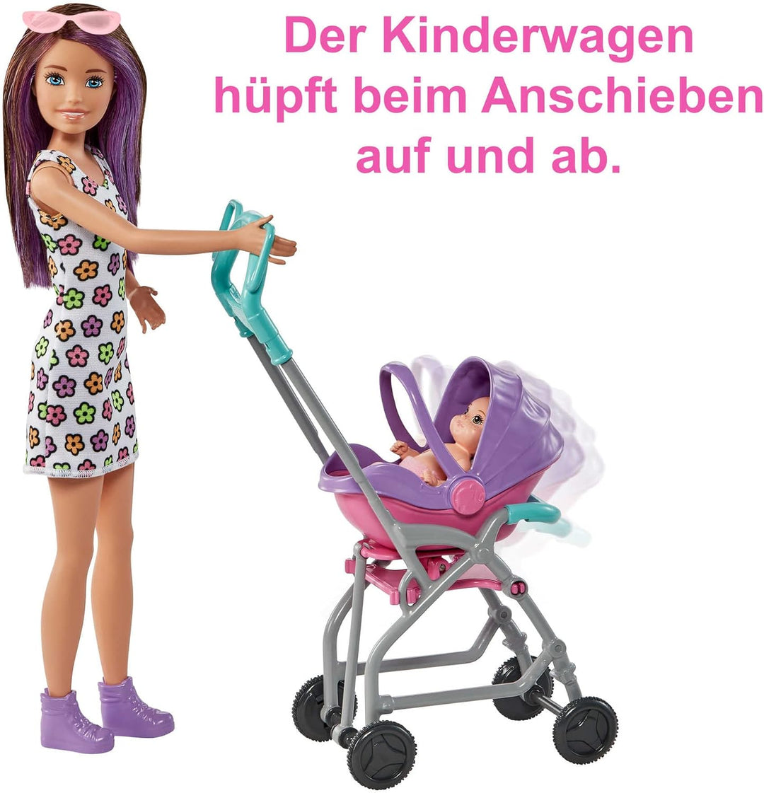 Barbie Skipper Babysitter Inc, Skipper mit braunen und lila Haaren, Baby, Kinderwagen, Babytrage, Zu