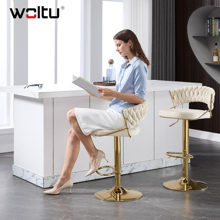 WOLTU Barhocker 2er Set, mit geflochtener Rückenlehne, Samthocker, Creme | Barstuhl 360° drehbar, hö