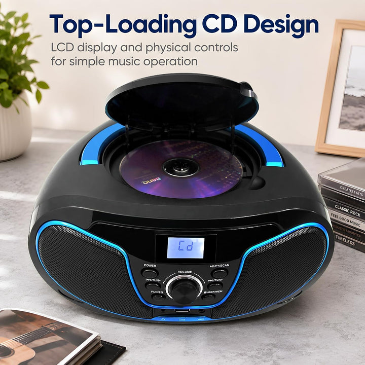 Tragbar CD Player Boombox Bluetooth - mit UKW Radio, USB Eingang &amp; AUX &amp; Kopfhörern Ports, 2 x 2 Wat