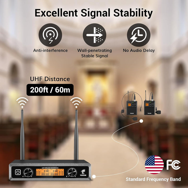 TONOR Duales UHF Mikrofon Kabellos Set mit 2 Bodypack Transmitter/Headset/Lavalier Wireless Micropho