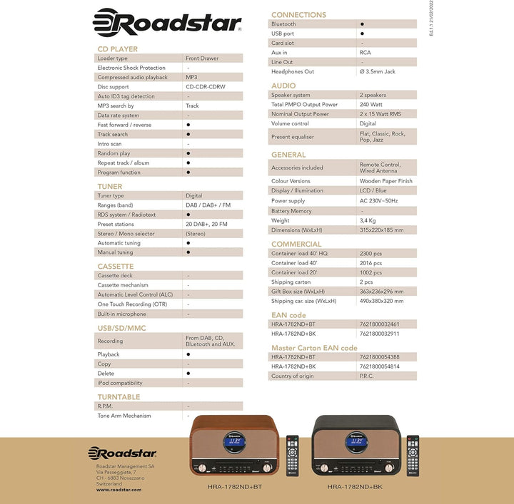 Roadstar Nostalgie Retro-Radio mit Bluetooth und CD MP3 Player im Holzgehäuse mit Weck-Funktion (DAB