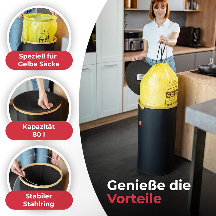 Levio® Gelber Sack Ständer mit Deckel – Müllsackhalter & Müllsackständer [80L mit Geruchsfilter] – M
