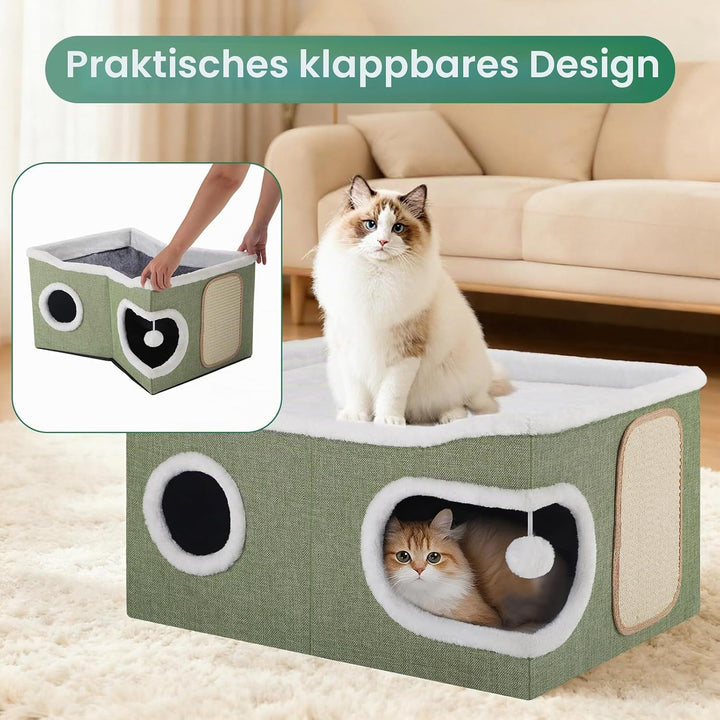 Faltbares Katzenhöhle, Katzenhaus Indoor grosse Katzen, 61T*45B*32H cm 2 Schicht Katzenwürfel, XXL K