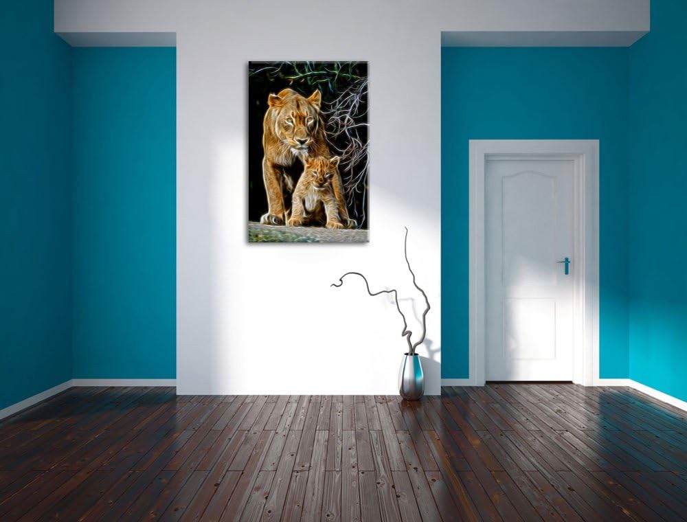 Dark Löwin mit Jungtier Deluxe Format: 100x70 cm auf Leinwand, XXL riesige Bilder fertig gerahmt mit