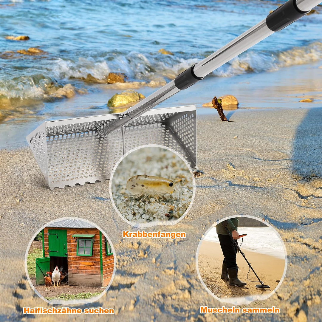 Strandrechen, Sandflohharke Set Aus Edelstahl, Abnehmbarer Langer Stiel | Mit Eimer, Handschuhe, Sch