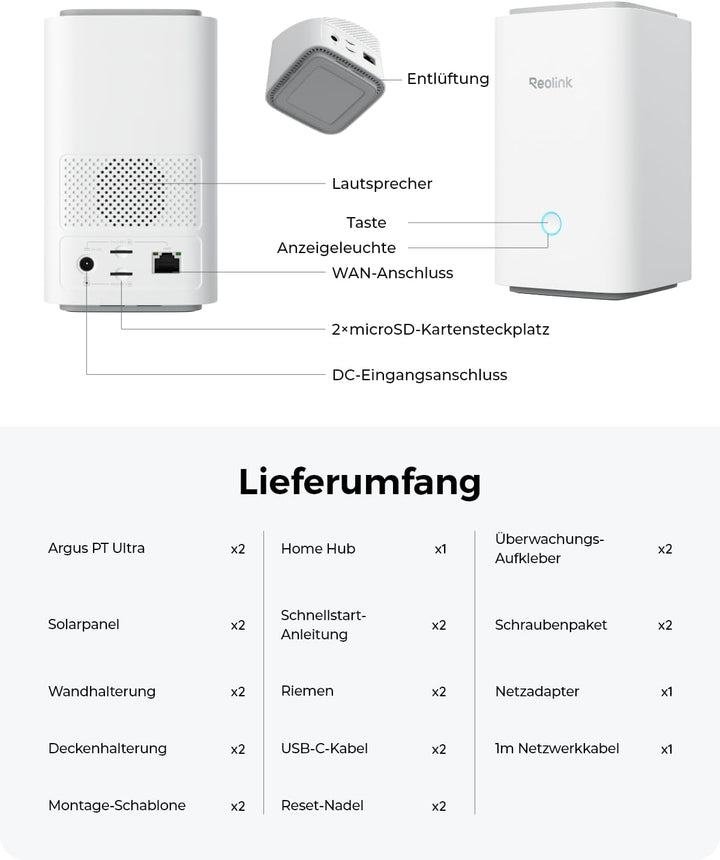 Reolink 4K PT Solar Überwachungskamera Aussen Set Outdoor Akku mit Home Hub, 360° Schwenkbare, Farbn