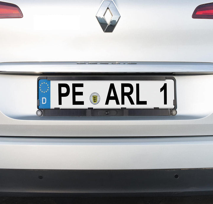 Lescars Rückfahrkamera: Solar-Funk-HD-Rückfahrcam Nummernschildhalter, Monitor, Abstandswarner (Rück