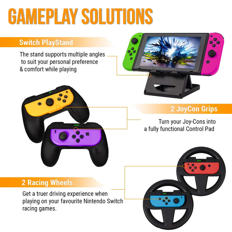 Orzly Switch Accessories Bundle Geek Pack for Nintendo Switch: Case & Screen Protector, Joycon Grips