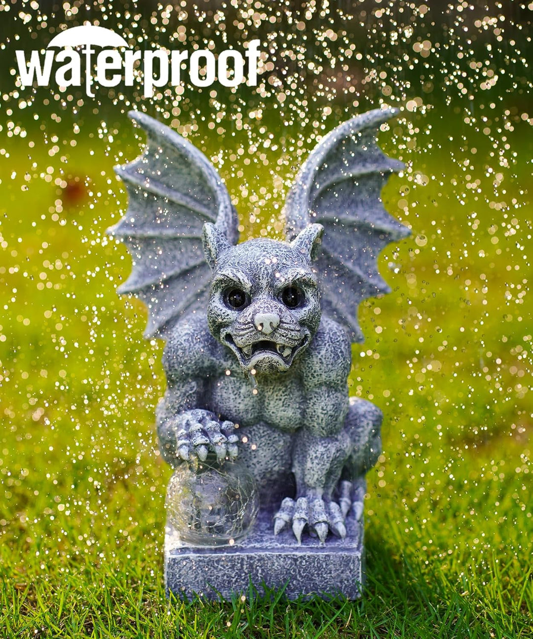 Solar Gargoyle Figuren Gartendeko mit LED-Licht - Steinfiguren mit Solarlampe Glasball Garten Wetter