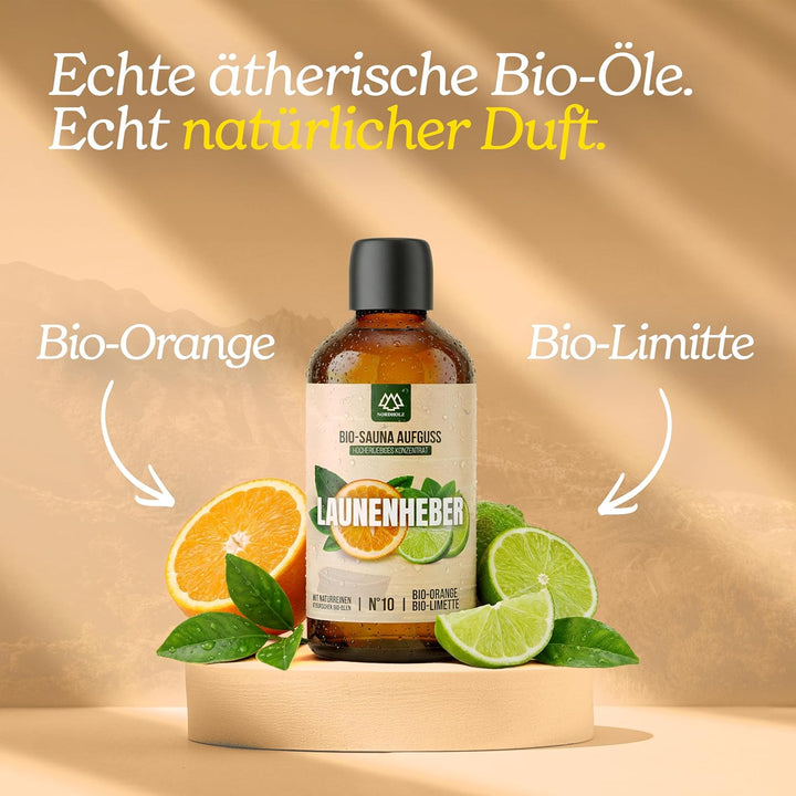 Saunaaufguss BIO [NATURREINE ÄTHERISCHE BIO-ÖLE] Sauna Aufgussmittel #10 Launenheber 250ml Orange, L