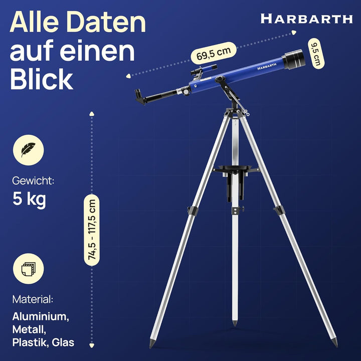 HARBARTH, Teleskop, Linsenteleskop + Okulare, Tasche, Handyhalterung für Bilder - Ideal für Erwachse