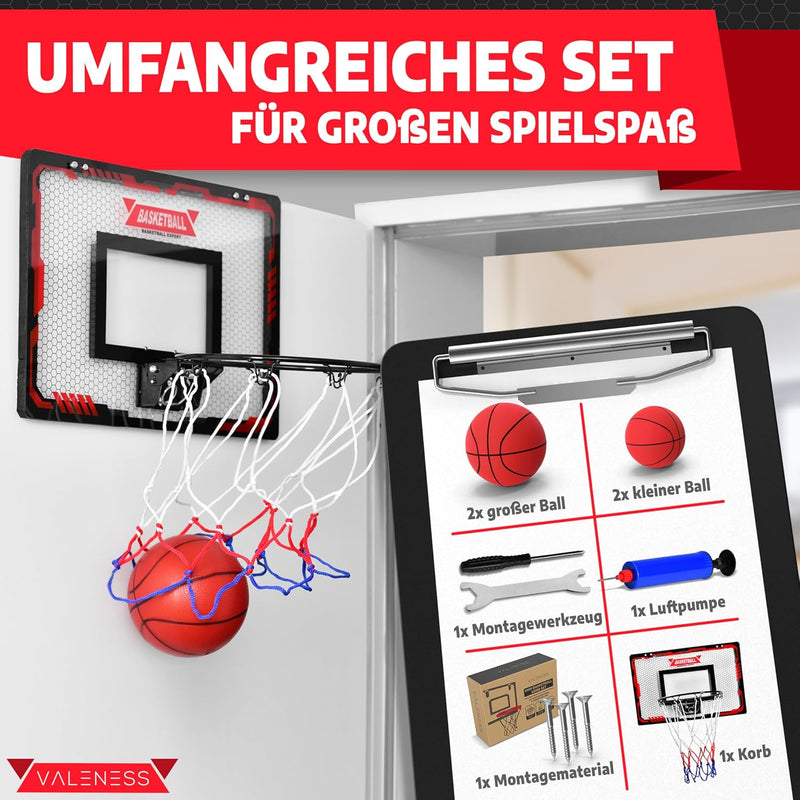 VALENESS® Mini Basketballkorb Indoor [für Tür & Wandmontage] - Kleiner Basketball Korb mit Dunk-Funk