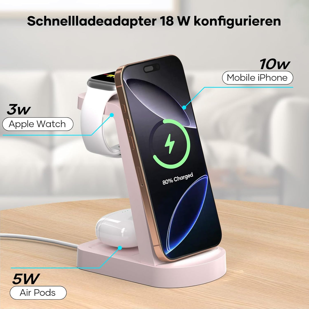 Kabellose Ladestation,3 in 1 Ladestation Kabelloses Ladegerät(Mit 18W Adapter) Wireless Charger komp