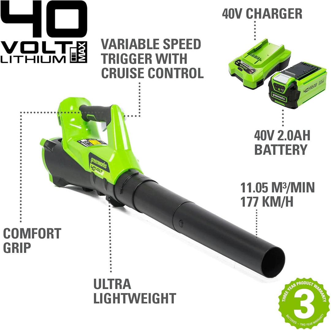 Greenworks G40ABK2 Axial Laubbläser mit Tempomat, 177 km/h, 11,05 m³/min, 40V 2Ah Batterie & Ladeger