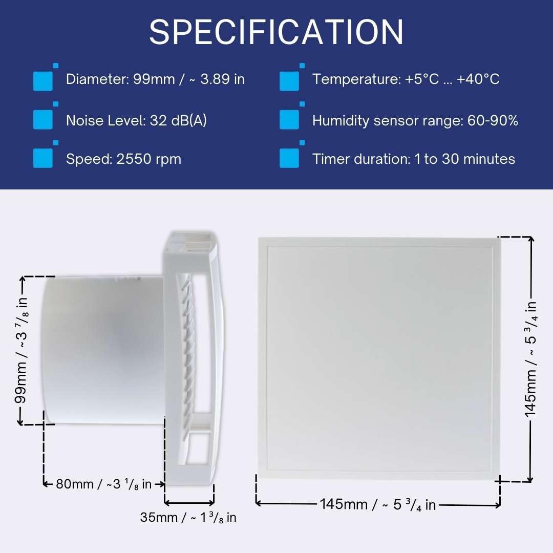 Ø 100mm Bad-Lüfter mit Feuchtesensor und Timer mit Weiss Front, Leise Ventilator Feuchtigkeitssensor