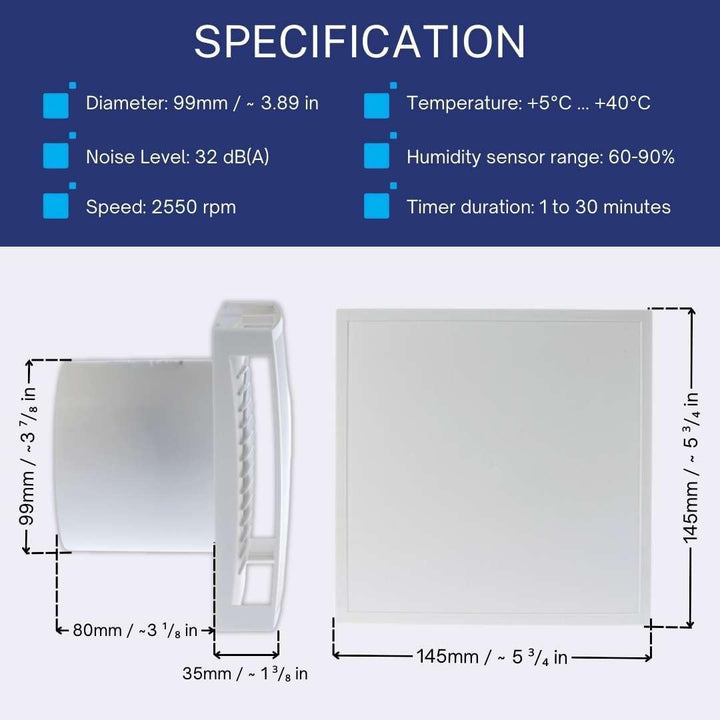 Ø 100mm Bad-Lüfter mit Feuchtesensor und Timer mit Weiss Front, Leise Ventilator Feuchtigkeitssensor