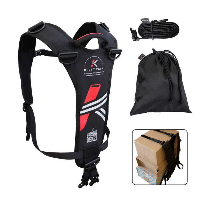 KLETTPACK® Rücken Tragegurt für Pakete, Hobby, Snowboard, Beruf &amp; Urlaub, kein unhandliches Schleppe