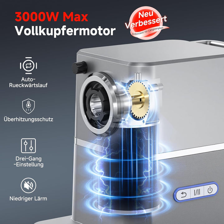 AAOBOSI Leiser Fleischwolf Elektrisch, 3000W Max Mit DC-Motor, Nur 60 dB, Auto-Rücklauf & Verstaubar