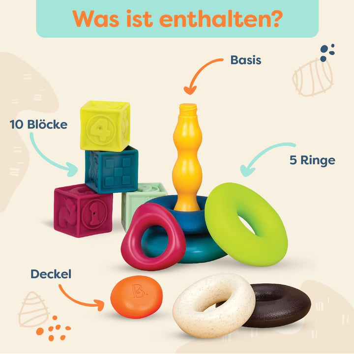 B. toys - One Two Squeeze & Hüpfsteine Set - Baby-Blöcke & Stapel-Ringe - 10 nummerierte Blöcke und