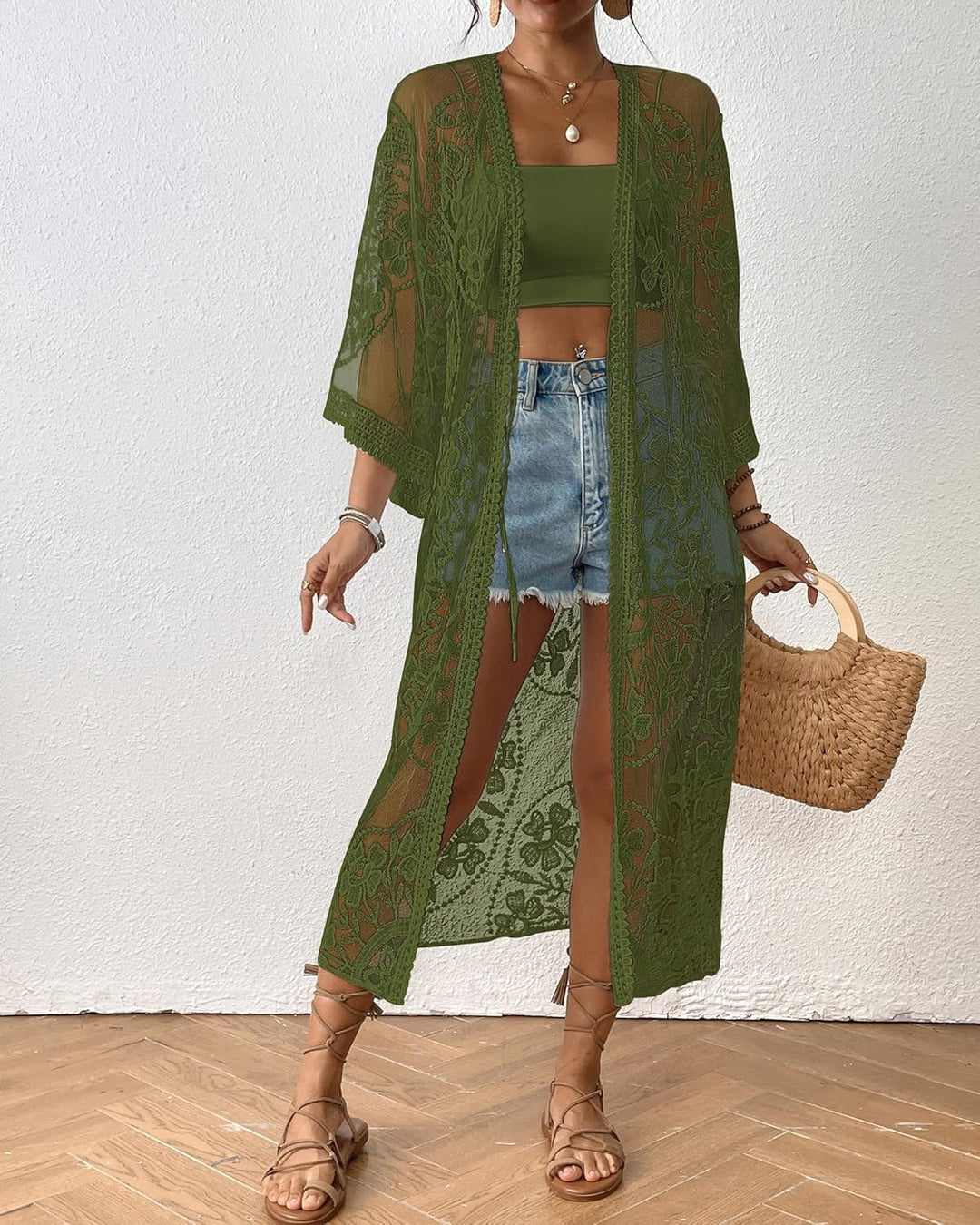 Bsubseach Damen Sexy Lace Crochet Open Front Badeanzug Strand Lange Kimono Cover Ups D-armee Grün, D