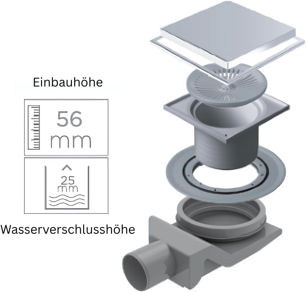 Confluo Bodenablauf 15x15 cm – wählbare Abdeckungen u. Ablaufgarnitur (Horizontal/Waagerecht DN 50 n