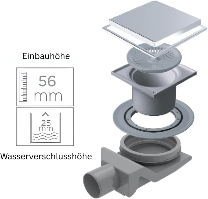 Confluo Bodenablauf 15x15 cm – wählbare Abdeckungen u. Ablaufgarnitur (Horizontal/Waagerecht DN 50 n