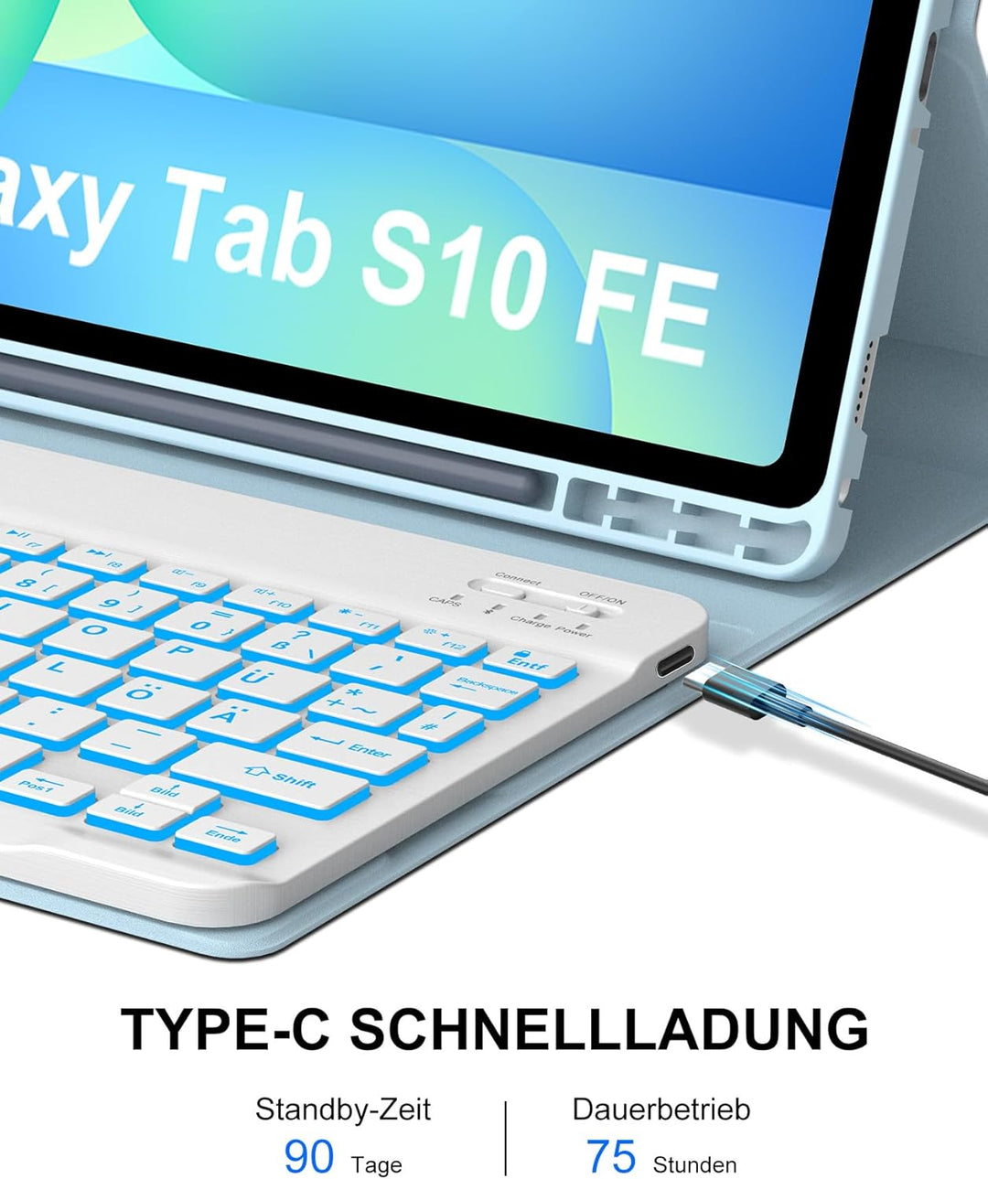 Für Samsung Galaxy Tab S10 FE Hülle mit Tastatur 7-Farben Beleuchtung, für S9 FE/S9 10,9/11 Zoll (20