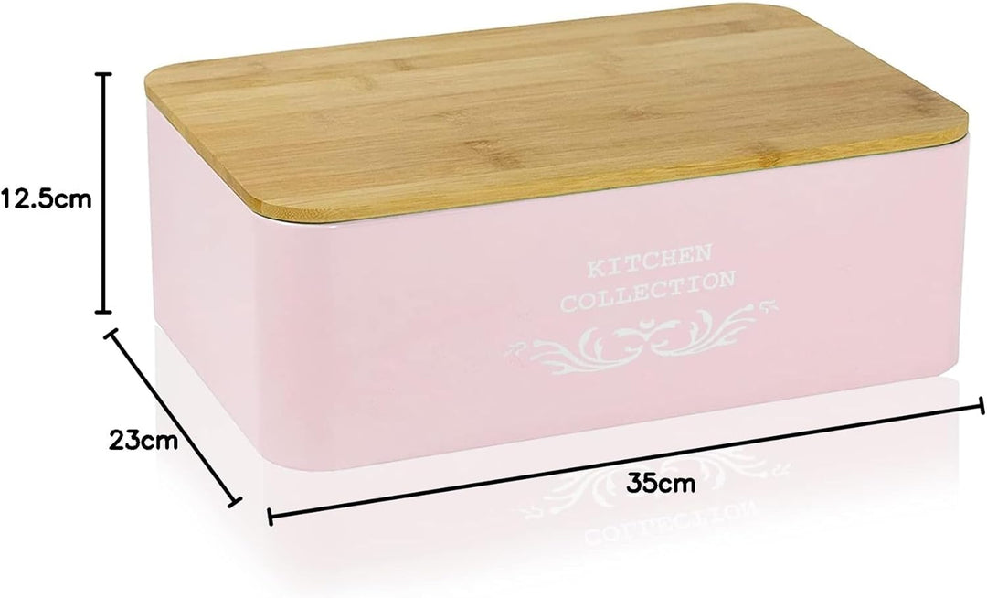 DRULINE Brotkasten mit Bambusdeckel - Brotaufbewahrung - Brotbox mit Schneidebrett - Brotkasten rosa