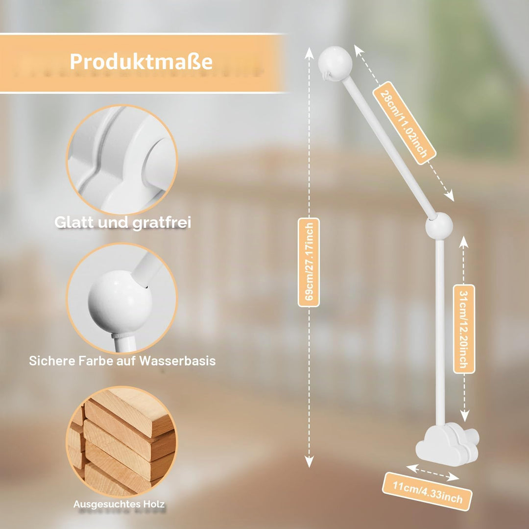 Mobile Halterung Holz für Babybett, 360°Drehbar Baby Mobile Aufhänger, Mobile Halterung Weiss, Abneh