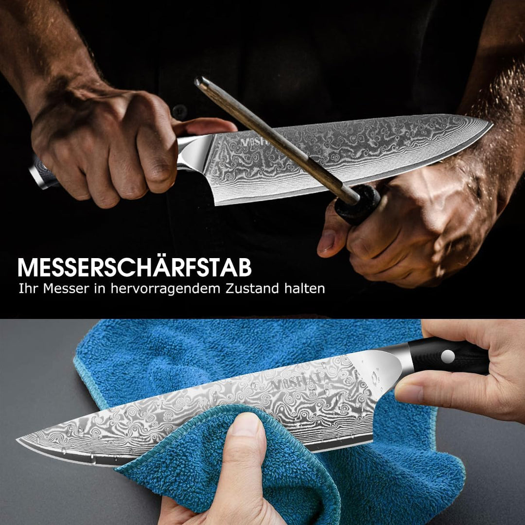 MOSFiATA Damastmesser Set 3PCS, Küchenmesserset aus VG10 Stahl - Inklusive 8" Kochmesser, 7" Santoku