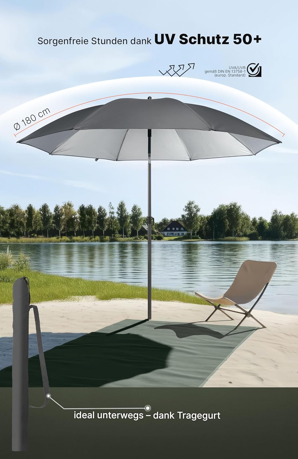 4smile Sonnenschirm Strand SunnyJoy, Anthrazit - UPF 50+ Strandschirm Ø 180 cm, sicherer Sonnenschut