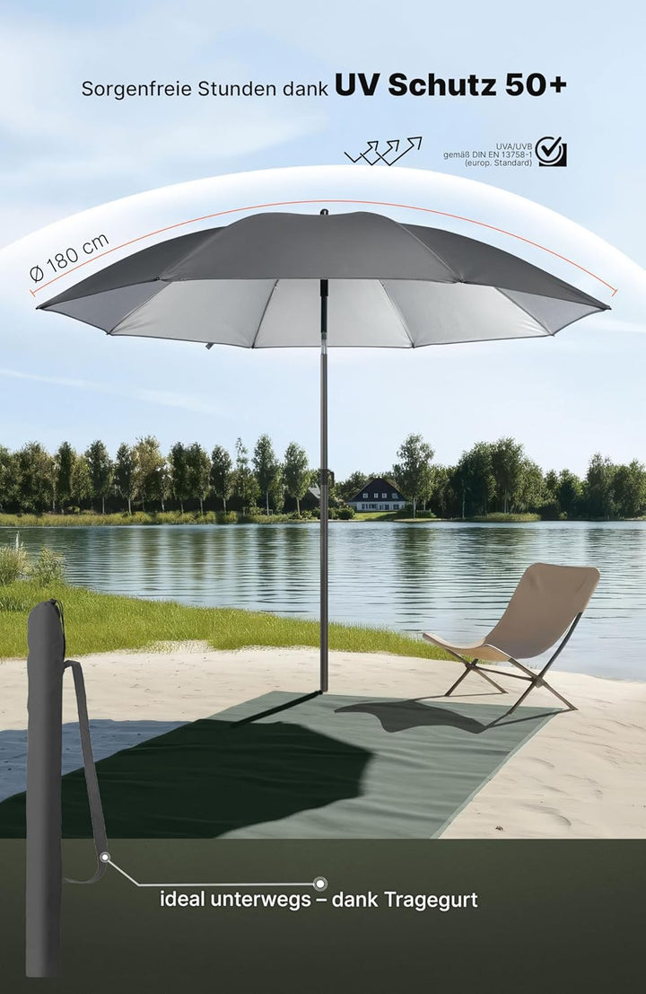 4smile Sonnenschirm Strand SunnyJoy, Anthrazit - UPF 50+ Strandschirm Ø 180 cm, sicherer Sonnenschut