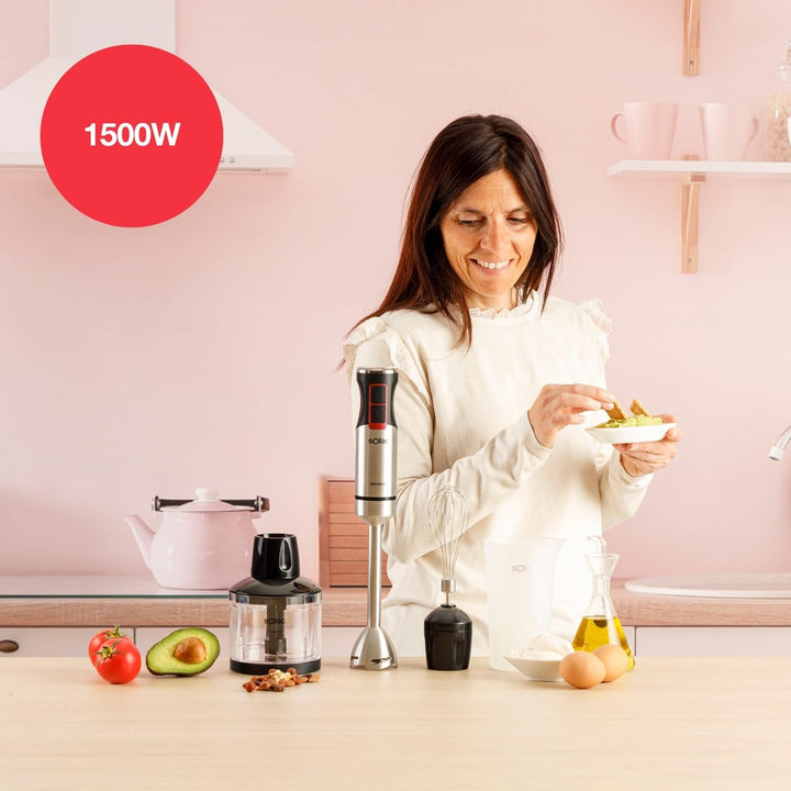 Solac Solution – Stabmixer 1503 Plus | 1500 W | 4 Edelstahlklingen | Edelstahl-Rührstab | Turbo-Funk