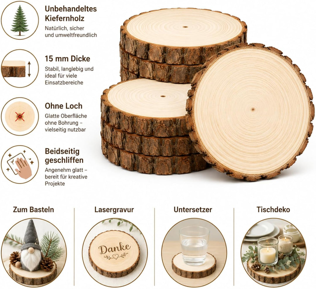 Holzscheiben 12er Set 18-20 cm Runde Baumscheiben ohne Loch – Unbehandelte Holz Log Scheiben aus Kie