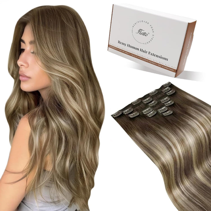 Hetto Echthaar Extensions Clip Balayage Dunkelbraun zu Hellbraun &amp; Hellashblond 55cm 120g 7pcs - Inv