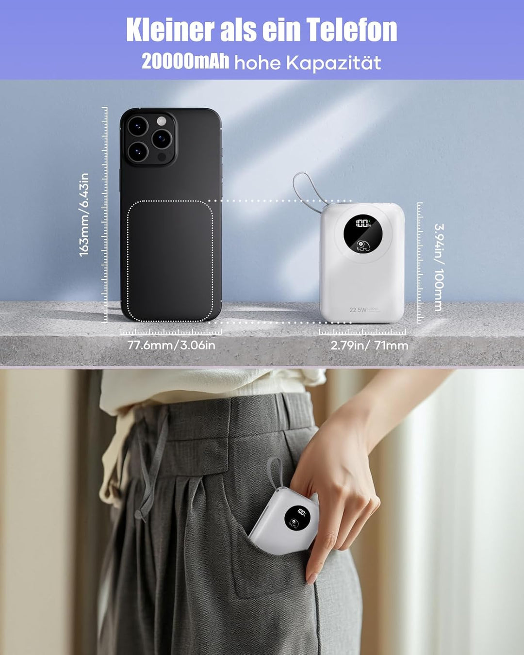 20000mAh Power Bank mit integriertem Kabel: 22.5W Schnell Aufladende Externe Batterie für Handy, USB