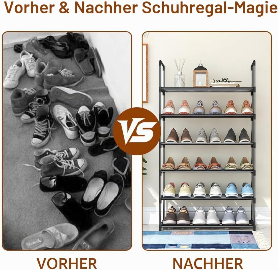 Schuhregal mit 6 Ebenen, Kleines Schuhregal Metall, Schuhablage Schmales, Verstellbares Schuhständer