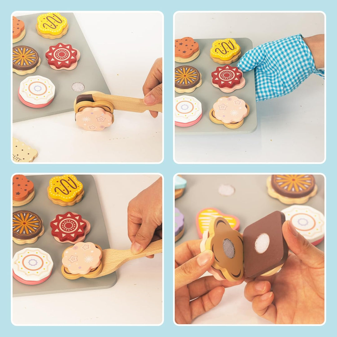 Hölzernes Plätzchen Spiel Essen Set für Kinder, Küchenzubehör Lebensmittel Spielzeug für Kleinkinder