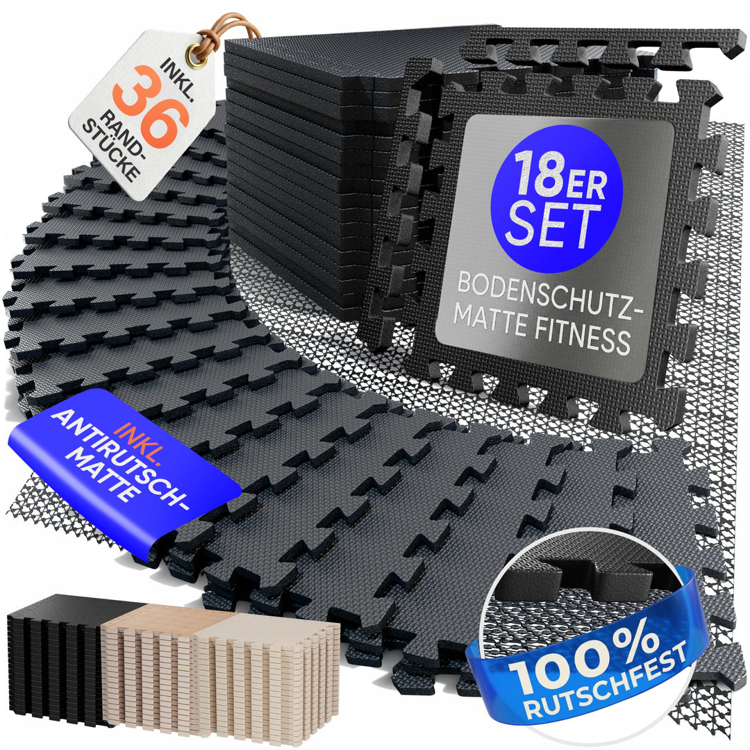 Bodenschutzmatte Fitness inkl. gratis Antirutschmatte & Zipperbag - 18/36/54 Puzzlematten - 30x30x1c