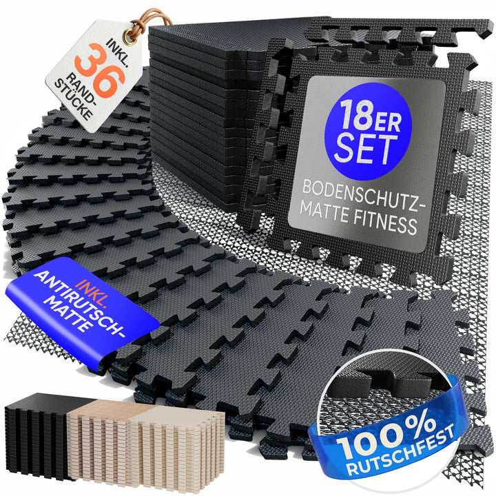 Bodenschutzmatte Fitness inkl. gratis Antirutschmatte & Zipperbag - 18/36/54 Puzzlematten - 30x30x1c